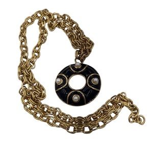 Impressive Vintage Monet Black Enamel Faux Pearl Pendant Necklace